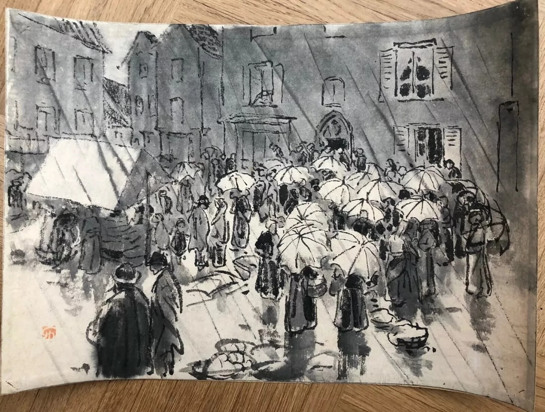People, Rain By Jules CHADEL (1870-1942) Umbrellas - Antique Drawing - 5