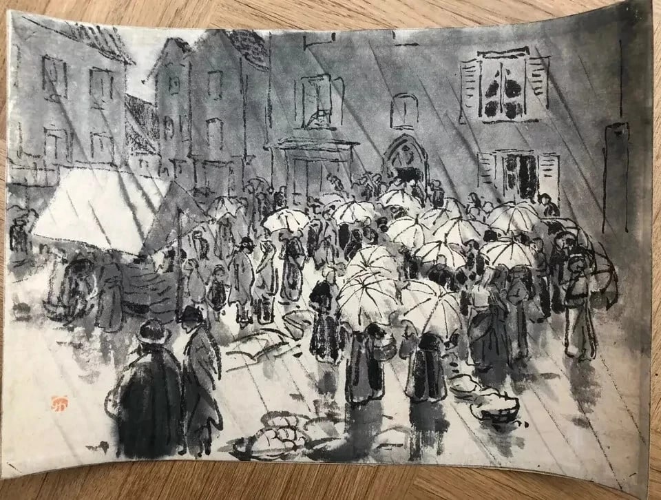 People, Rain By Jules CHADEL (1870-1942) Umbrellas - Antique Drawing - 8