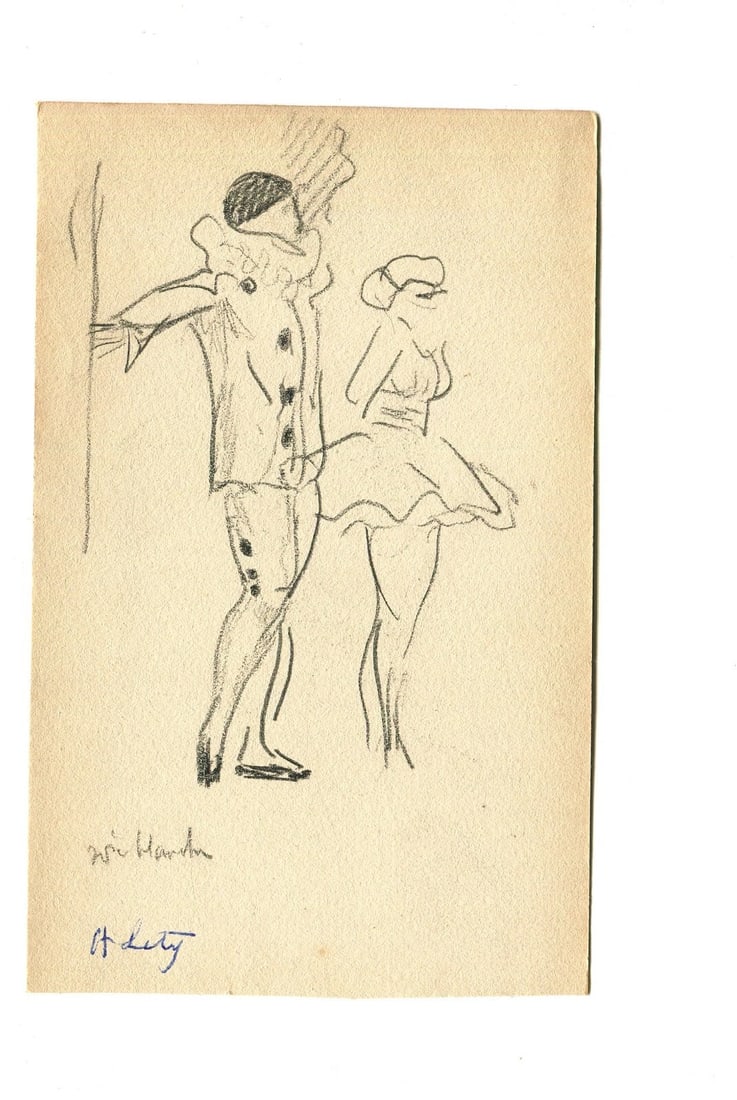 Vintage Pencil Original Drawing Dancers Arlequin, signed Artwork - 2