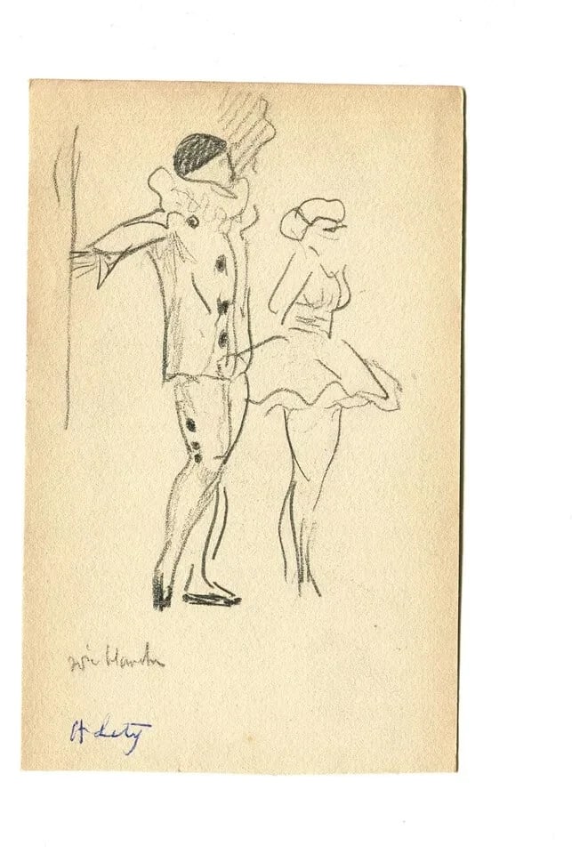 Vintage Pencil Original Drawing Dancers Arlequin, signed Artwork - 8