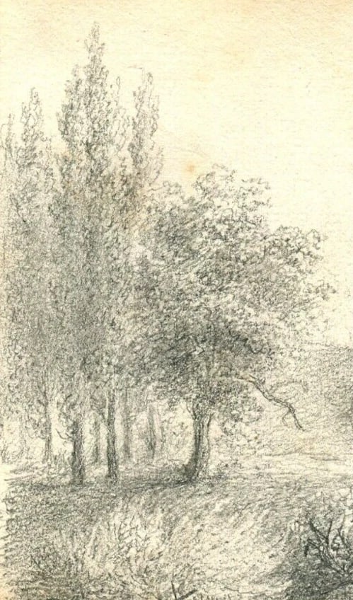 Antique Pencil Original Drawing Man, Horse, Landscape, Trees, Forest - 2
