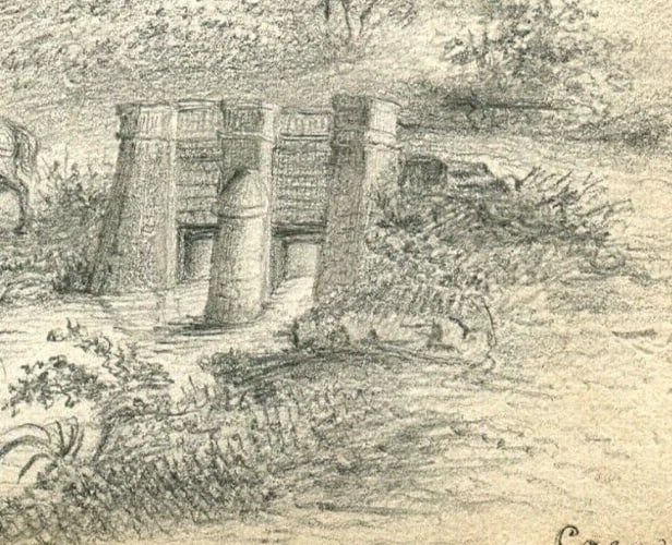 Antique Pencil Original Drawing Man, Horse, Landscape, Trees, Forest - 3
