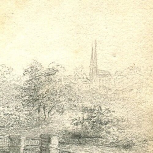 Antique Pencil Original Drawing Man, Horse, Landscape, Trees, Forest - 4