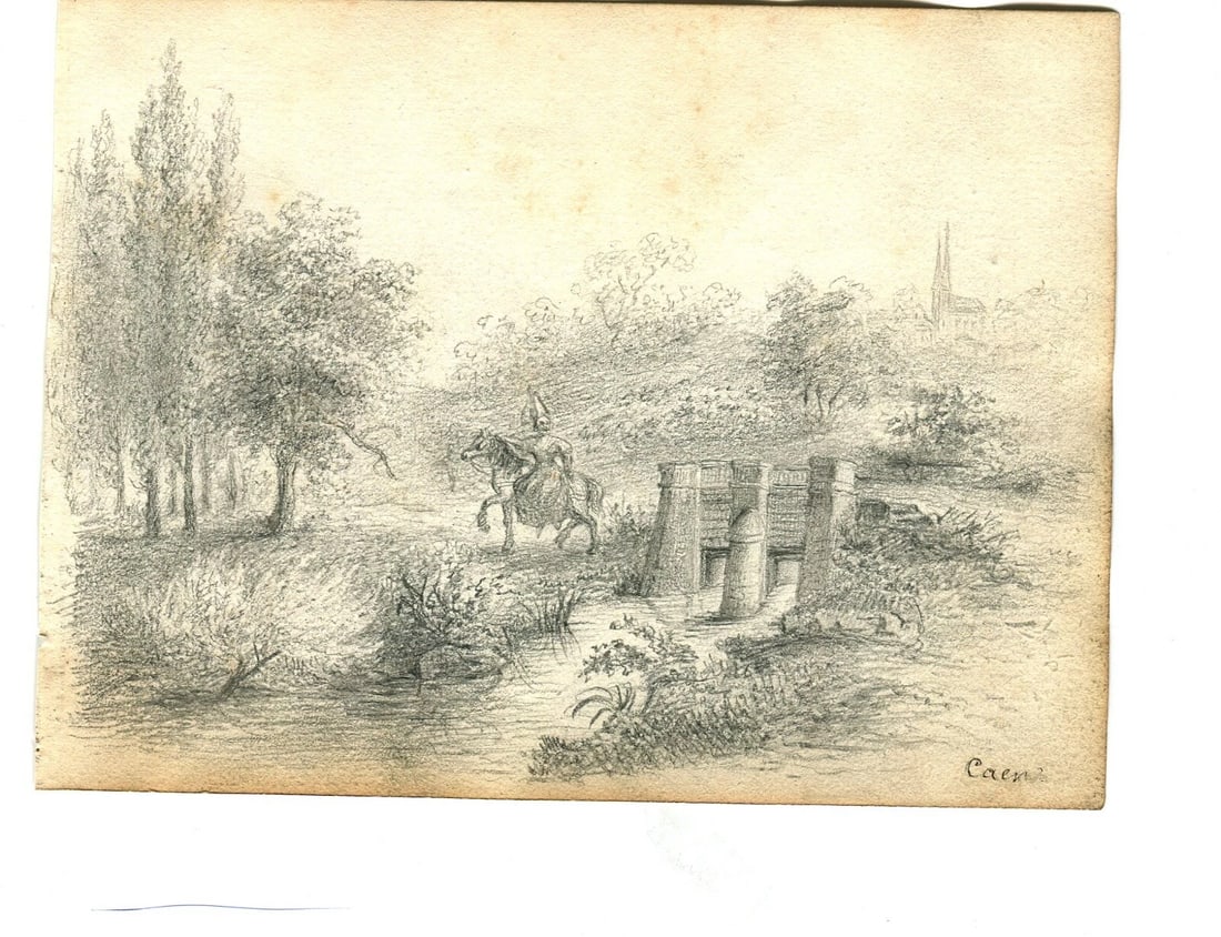 Antique Pencil Original Drawing Man, Horse, Landscape, Trees, Forest - 6
