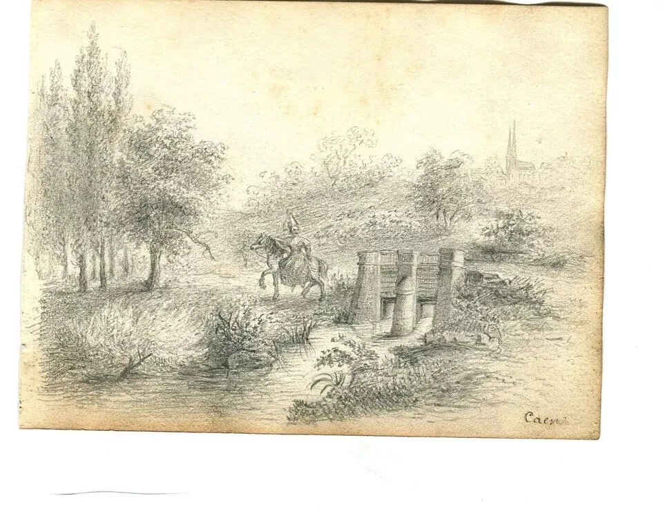 Antique Pencil Original Drawing Man, Horse, Landscape, Trees, Forest - 7