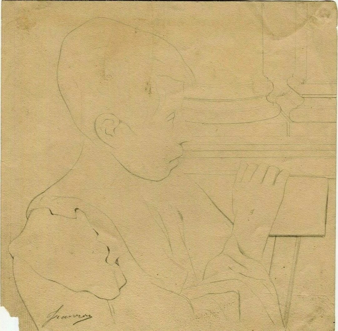 French Pencil Drawing Portrait Young Boy Antique Original: Pencil on paper 20 x 20 cm / 7.87 x 7.87 inches stains, missing part, folds, tears An original French 19th century graphite pencil presenting a portrait. Sourced from a private European collection