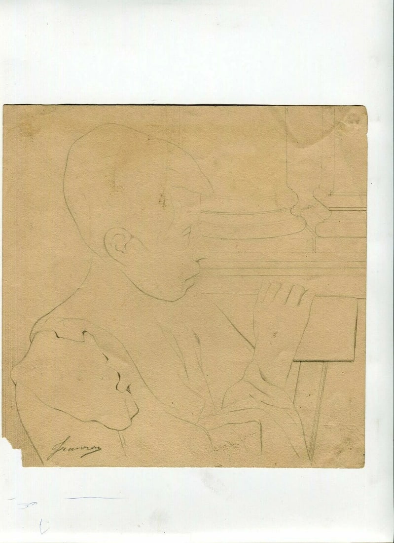 French Pencil Drawing Portrait Young Boy Antique Original - 2
