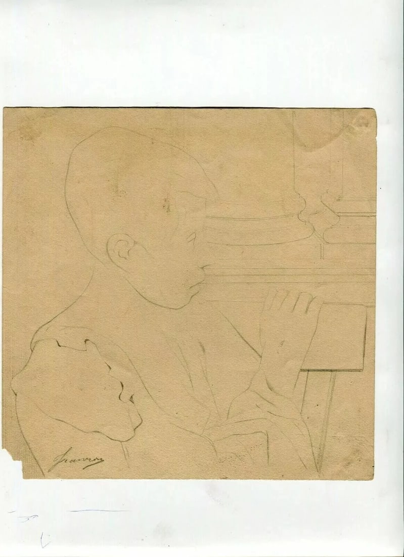 French Pencil Drawing Portrait Young Boy Antique Original - 6