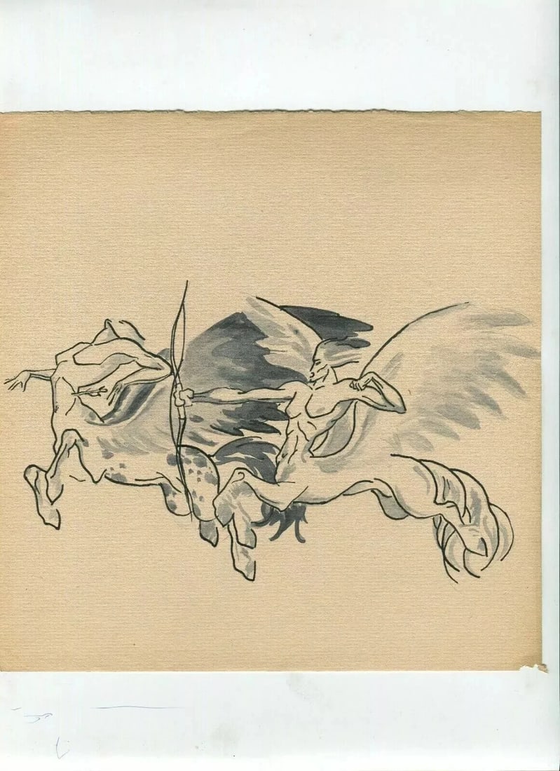 Centaur Figure Sketch Drawing Artwork Mythology Vintage Original Ink - 7