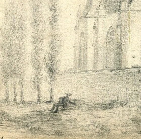19th century Loigny Landscape Church People Drawing Antique Pencil Original - 2
