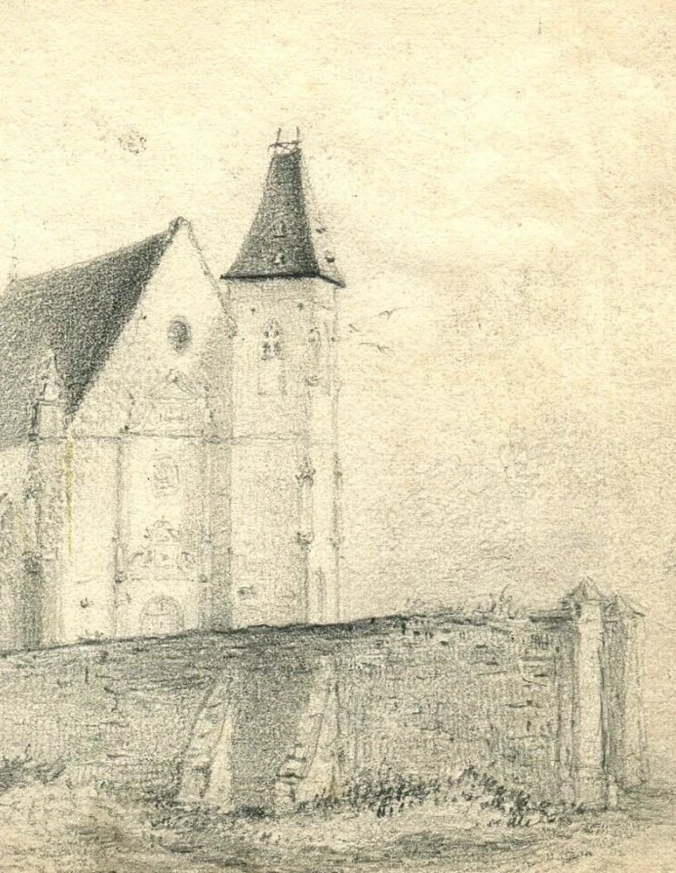 19th century Loigny Landscape Church People Drawing Antique Pencil Original - 3