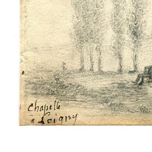 19th century Loigny Landscape Church People Drawing Antique Pencil Original - 5