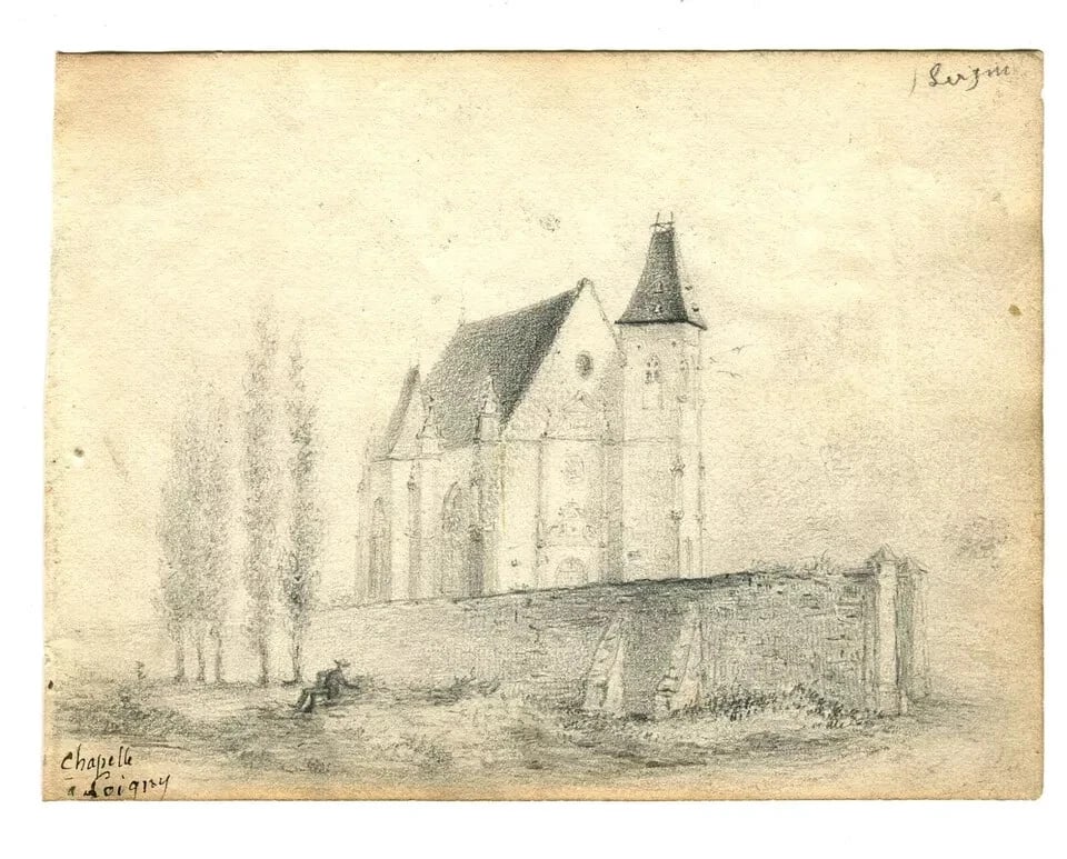 19th century Loigny Landscape Church People Drawing Antique Pencil Original - 7