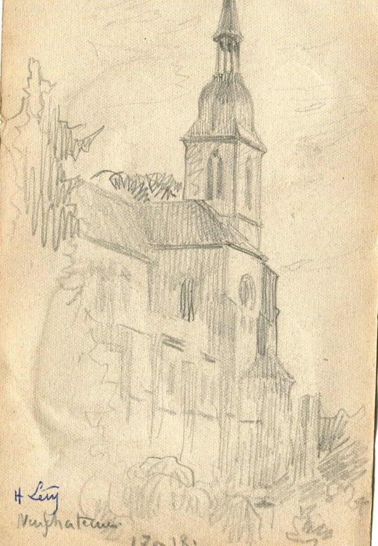 Church Village - Drawing Vintage Pencil Original signed Artwork Art - 2