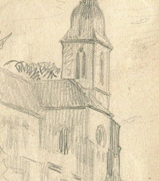 Church Village - Drawing Vintage Pencil Original signed Artwork Art - 3
