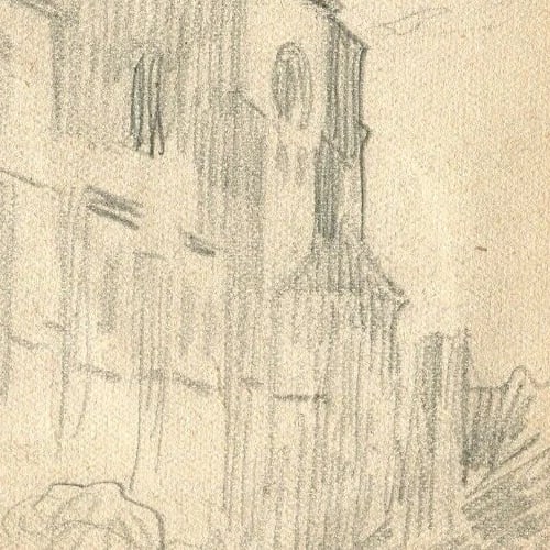 Church Village - Drawing Vintage Pencil Original signed Artwork Art - 4