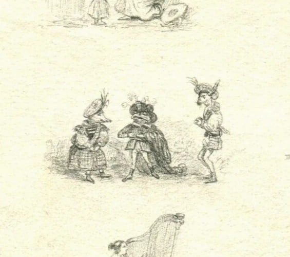 19th century Musketeer Harp Caricatures - Drawing Antique Pencil Original: Pencil on paper 15,5 x 22 cm / 6.10 x 8.66 inches stains, small holes Reserve: $50.00 Shipping: Domestic: Flat-rate of $19.00 to anywhere within the contiguous U.S. International: Foreign shipping rat