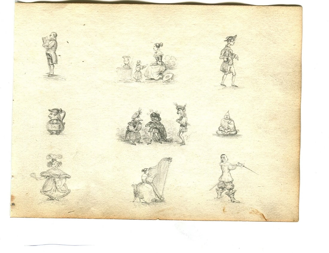 19th century Musketeer Harp Caricatures - Drawing Antique Pencil Original - 2