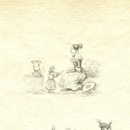 19th century Musketeer Harp Caricatures - Drawing Antique Pencil Original - 3