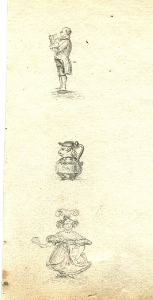 19th century Musketeer Harp Caricatures - Drawing Antique Pencil Original - 4
