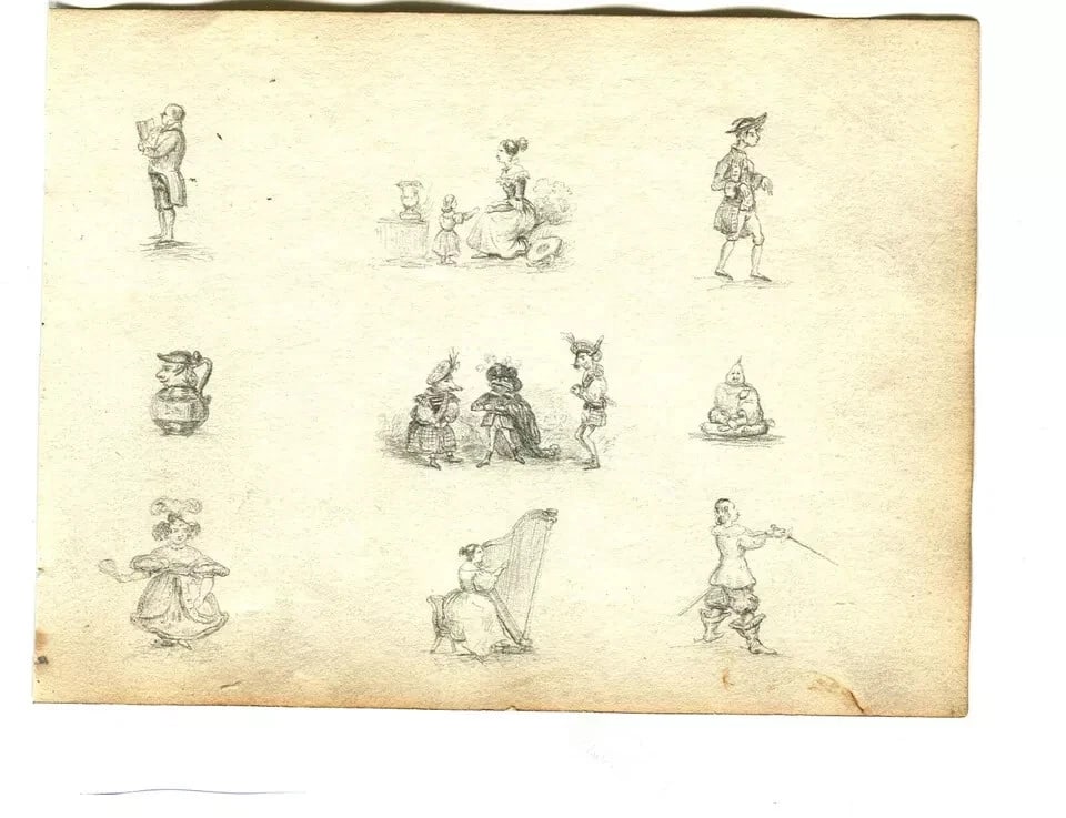 19th century Musketeer Harp Caricatures - Drawing Antique Pencil Original - 5