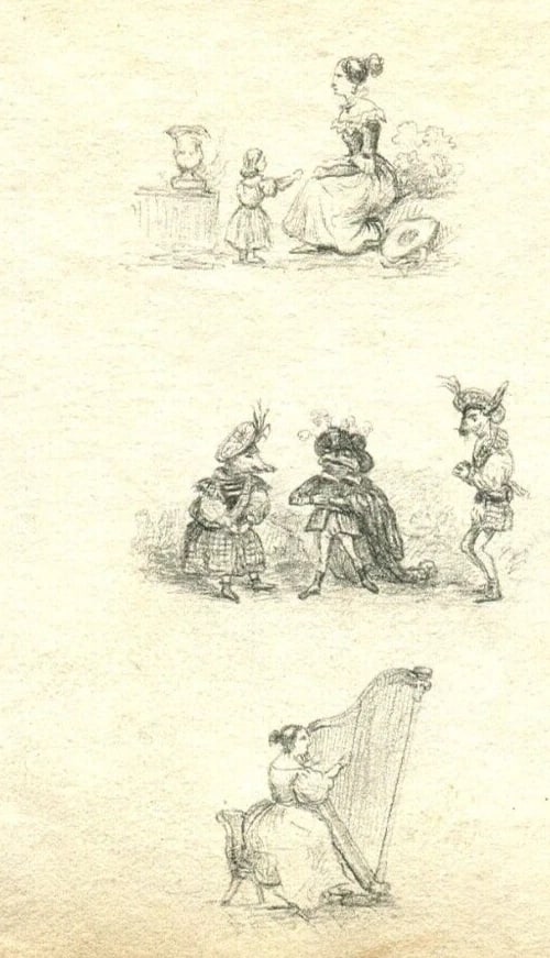 19th century Musketeer Harp Caricatures - Drawing Antique Pencil Original - 6