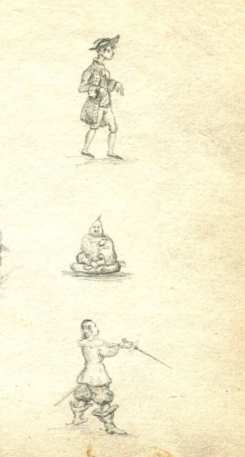 19th century Musketeer Harp Caricatures - Drawing Antique Pencil Original - 7