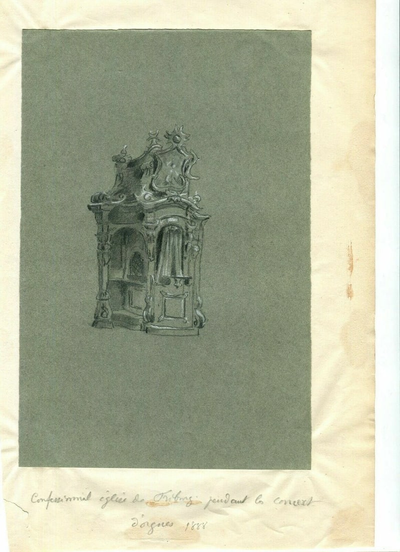 Antique Pencil Original Drawing Confessional Church of Friborg 1888 - 2