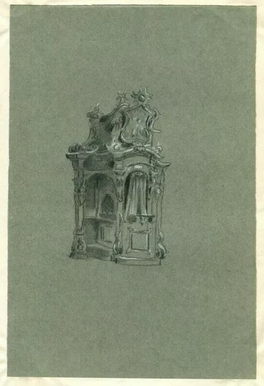 Antique Pencil Original Drawing Confessional Church of Friborg 1888 - 3