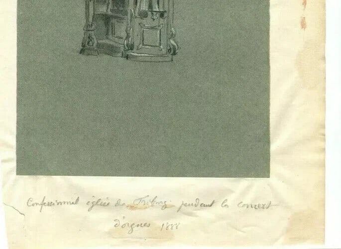Antique Pencil Original Drawing Confessional Church of Friborg 1888 - 7