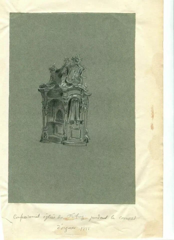Antique Pencil Original Drawing Confessional Church of Friborg 1888 - 8