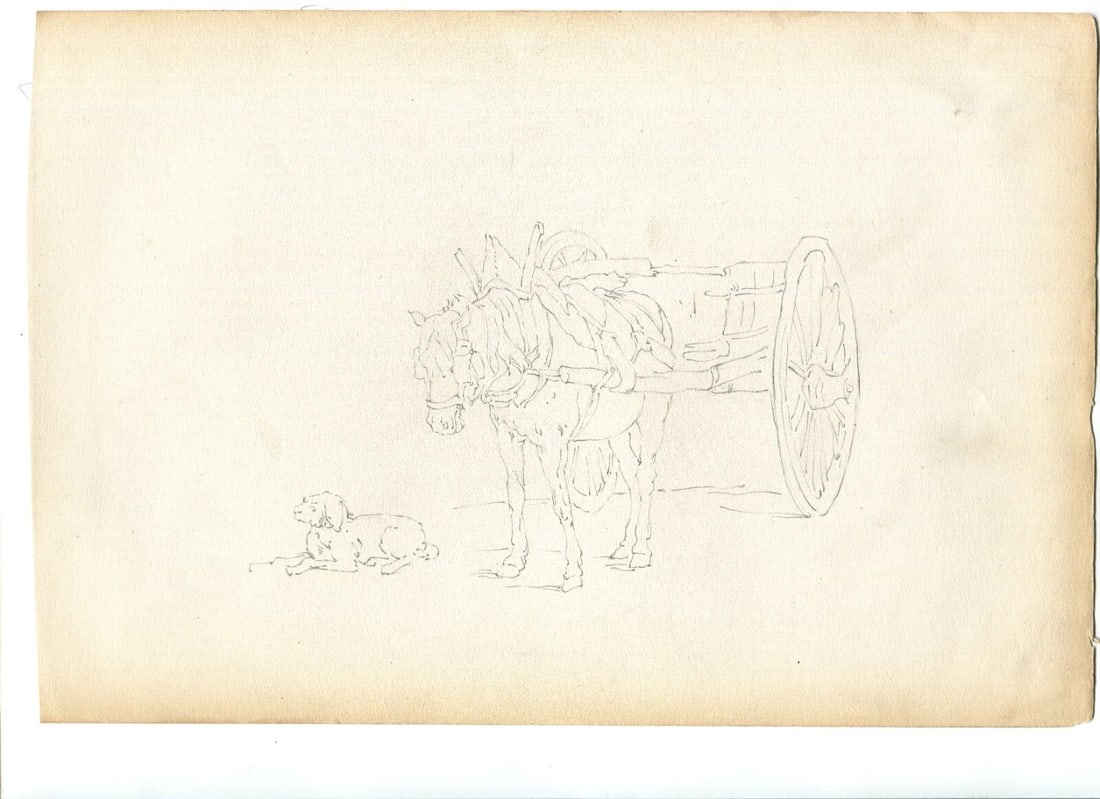 French Pencil Drawing Horse with Plow and Dog Sketch Antique - 2
