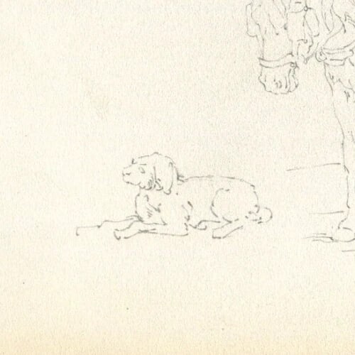 French Pencil Drawing Horse with Plow and Dog Sketch Antique - 3