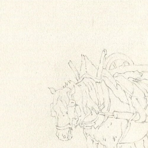 French Pencil Drawing Horse with Plow and Dog Sketch Antique - 4