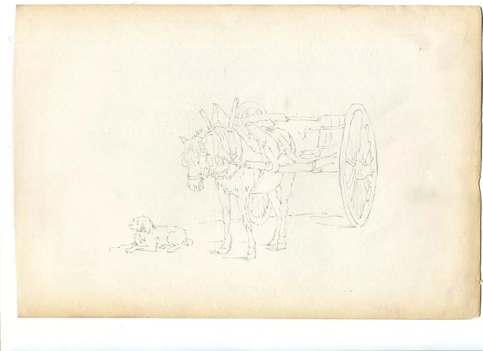 French Pencil Drawing Horse with Plow and Dog Sketch Antique - 5
