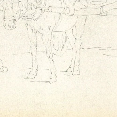 French Pencil Drawing Horse with Plow and Dog Sketch Antique - 6