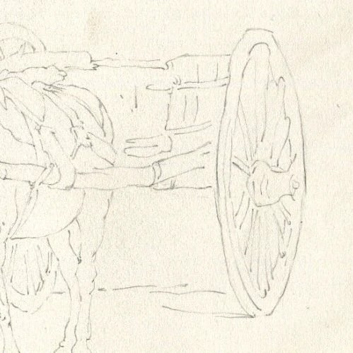 French Pencil Drawing Horse with Plow and Dog Sketch Antique - 7