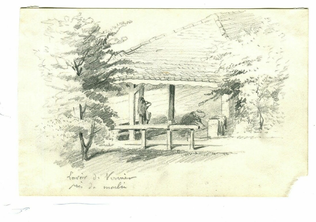 Antique Pencil Drawing Lavoir du Vernier near the Mill Landscape Artwork - 2