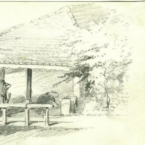 Antique Pencil Drawing Lavoir du Vernier near the Mill Landscape Artwork - 3