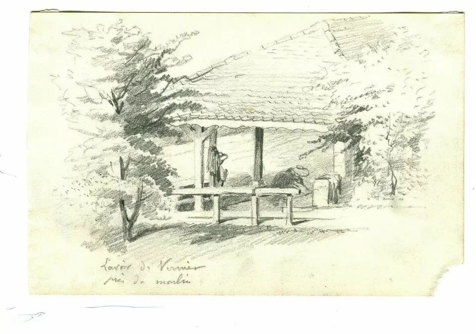 Antique Pencil Drawing Lavoir du Vernier near the Mill Landscape Artwork - 4