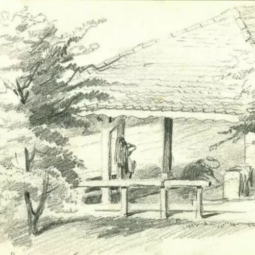 Antique Pencil Drawing Lavoir du Vernier near the Mill Landscape Artwork - 5