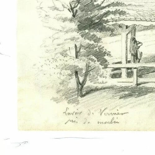 Antique Pencil Drawing Lavoir du Vernier near the Mill Landscape Artwork - 7