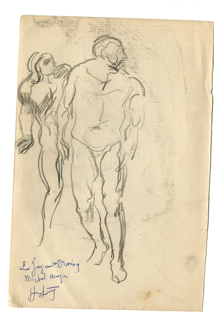 Antique Pencil Original Drawing after Michel Ange, Sketch, People - 2