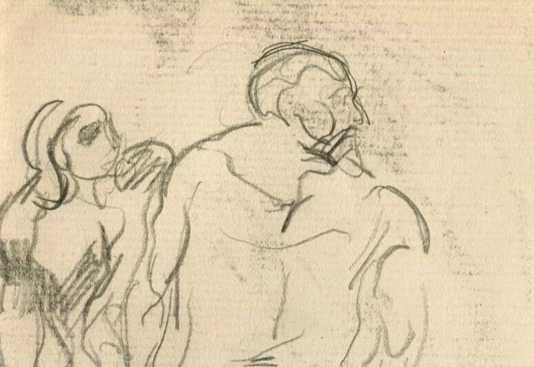 Antique Pencil Original Drawing after Michel Ange, Sketch, People - 3