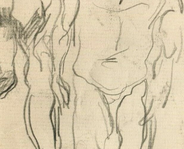 Antique Pencil Original Drawing after Michel Ange, Sketch, People - 4