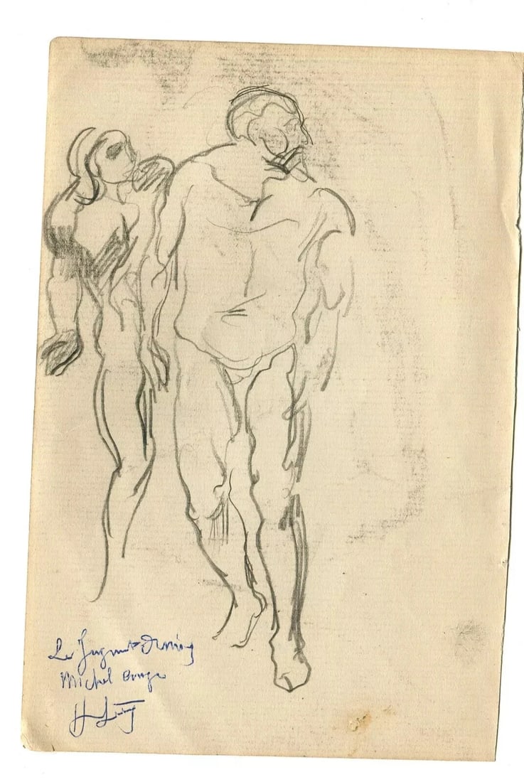 Antique Pencil Original Drawing after Michel Ange, Sketch, People - 5