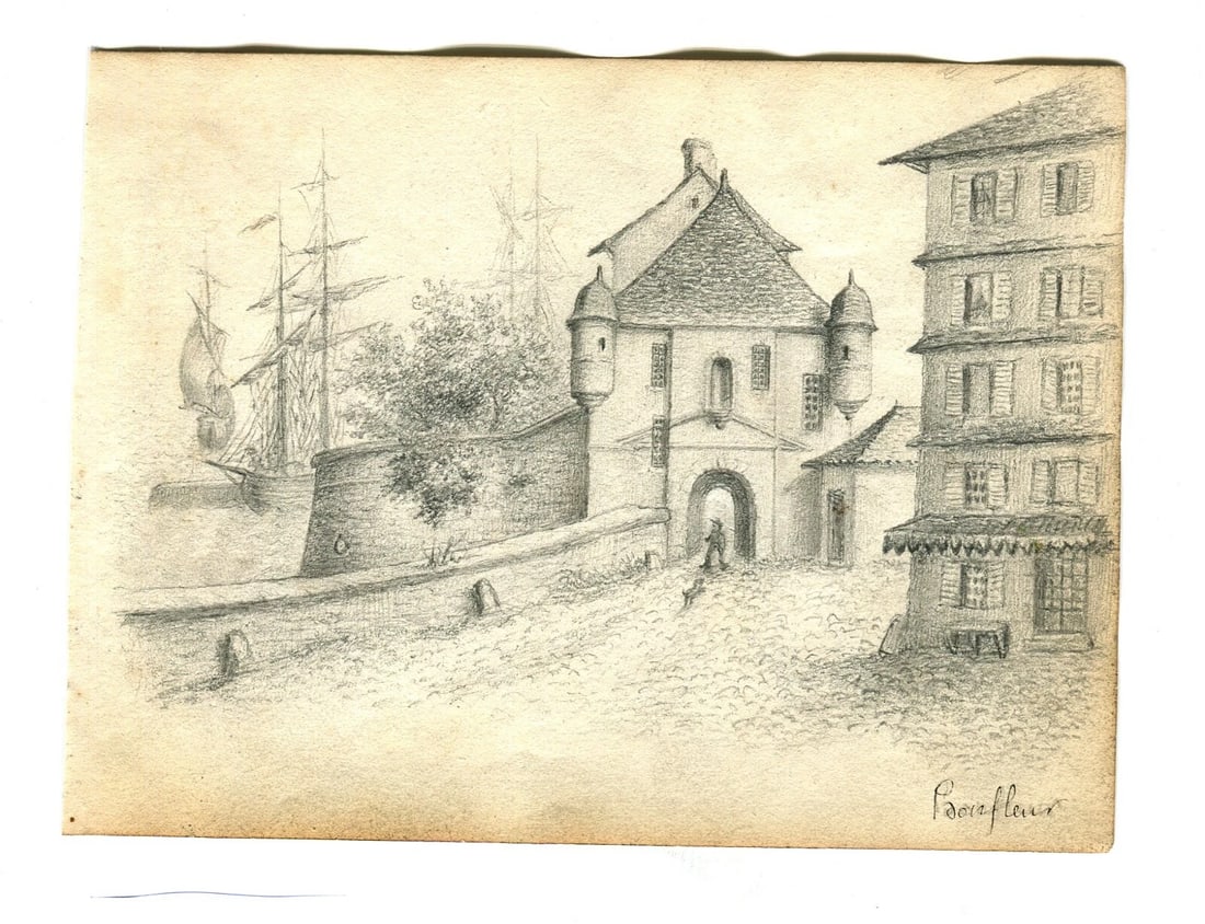 Antique Pencil Drawing Original 19th century Honfleur Landscape - 2