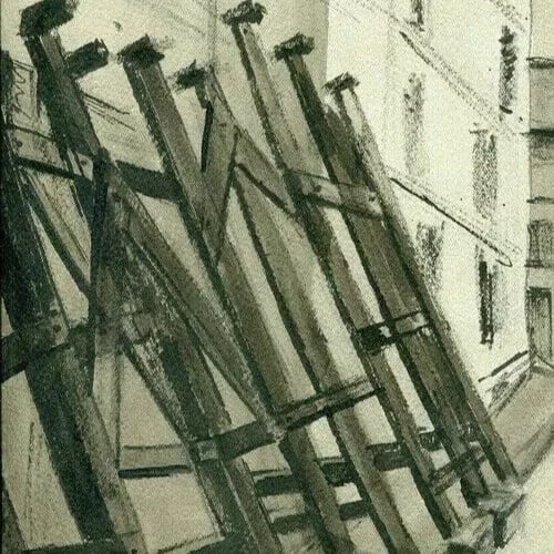 City, War Time, Building - Drawing Vintage Ink Original signed Artwork - 3