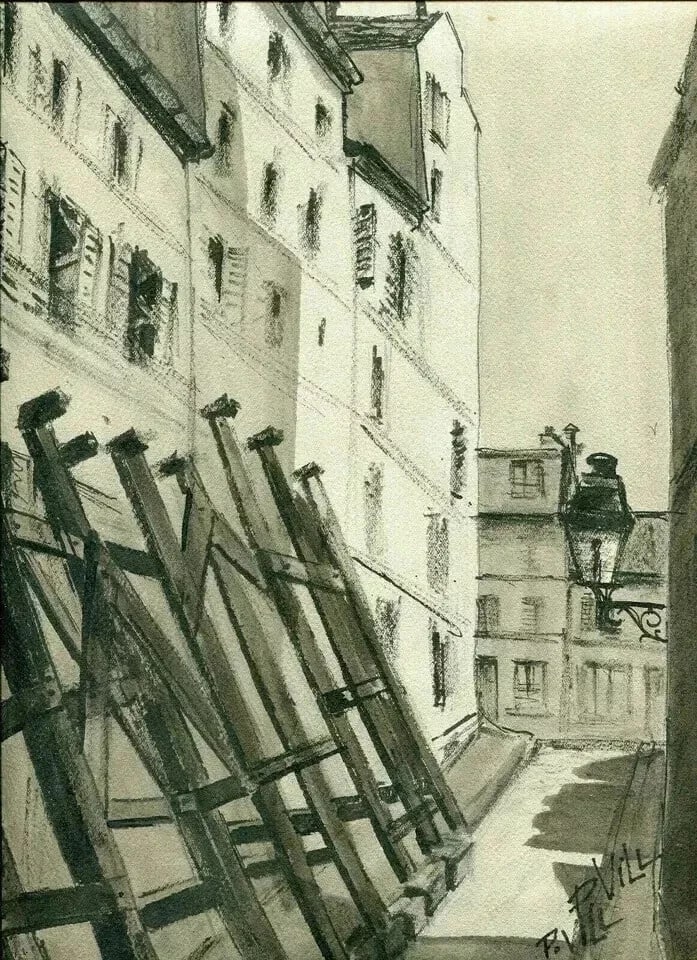 City, War Time, Building - Drawing Vintage Ink Original signed Artwork - 4