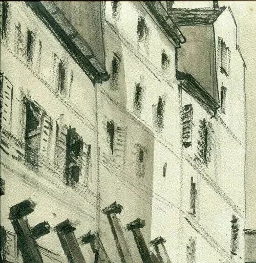 City, War Time, Building - Drawing Vintage Ink Original signed Artwork - 5